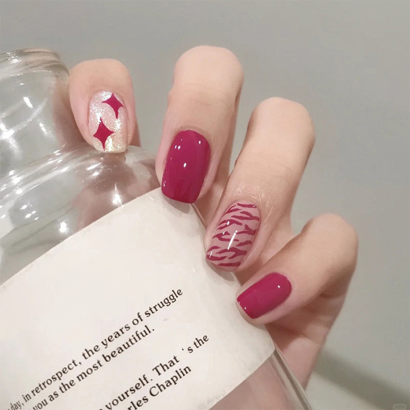 144pcs/6pcs Glitter Press On Nails - Square Medium Length False Nails with Geometric Stripes, Pale Pink & Orange Glossy Acrylic Full Cover Fake Nails with Glue for Women, Spring Summer Nail Art