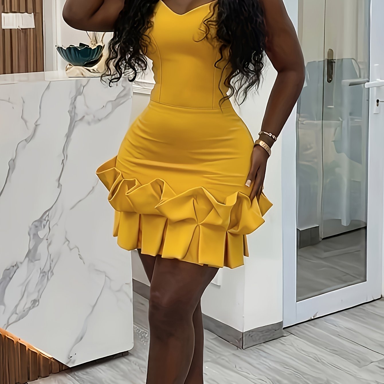 Plus Size, Women's Elegant Party dress - Sleeveless V-Neck Formal gown, Bright Mustard-Yellow, Machine Washable Evening & Cocktail dress for Women, Dresses for Party, Night Out Outfit, Ruffled Hem, Comfortable Fit, Fashion Lo
