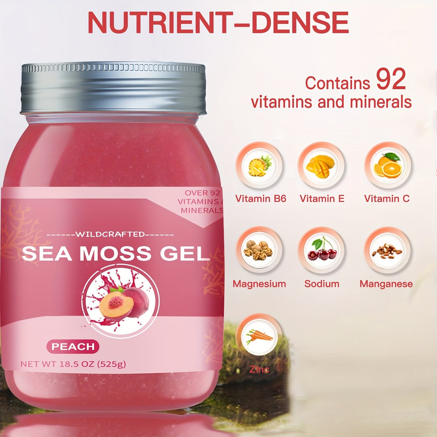 18.5OZ Raw Irish Sea Moss Gel, Natural Ingredient True Sea Moss, Rich in Minerals & Vitamins, Peach Flavor, Nutritional Supplement