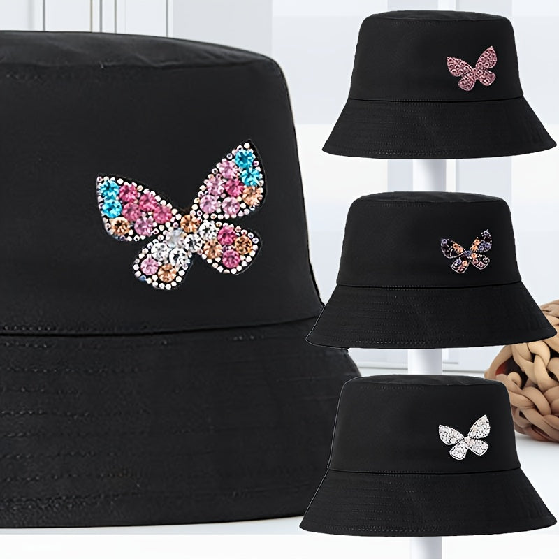 A Stylish And Versatile Bucket Hat Adorned with Rhinestone Butterflies, Lightweight And Washable - Perfect for Outdoor Female Travel, Everyday Wear, And Street Style