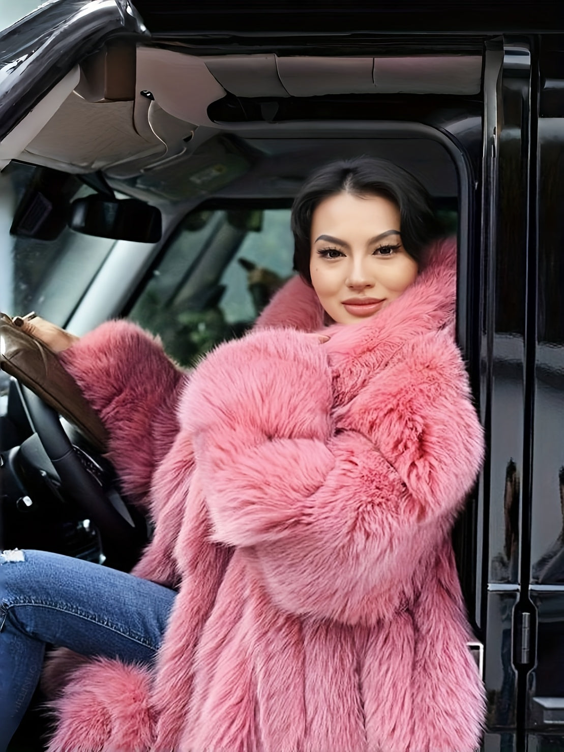 Plus Size - Plus Size Long Faux Rabbit Coat for Women | Stylish and Casual with Elegant Vibe, Non-Stretch Fabric, Lapel Collar, Solid Color, Regular Sleeve, Long Length, Fall/Winter Season