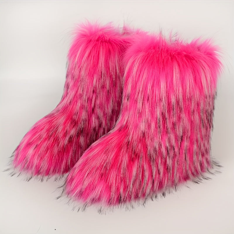 [Faux Fur Boots] Black Faux Fur Women's Mid-Calf Boots | Round Toe, Flat Heel, Casual Platform Boots for All Seasons, Stylish Winter Footwear