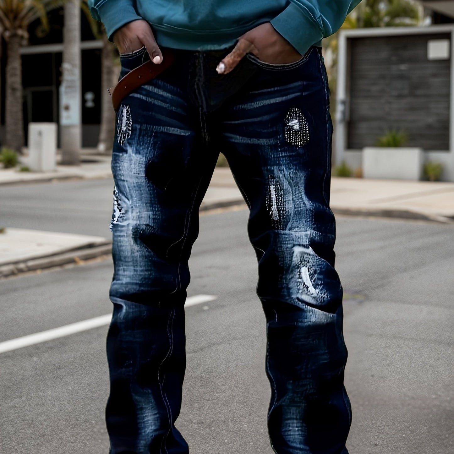 2025 New Men'S Slim-Fit Straight Leg Faux Denim - Stretch Soft Faux Denim Pants with Elastic Waist & Built-In Zipper Closure, All-Season Comfort, Classic Blue Washed Casual Trousers for Casual Attire, Office & Semi-Formal Out