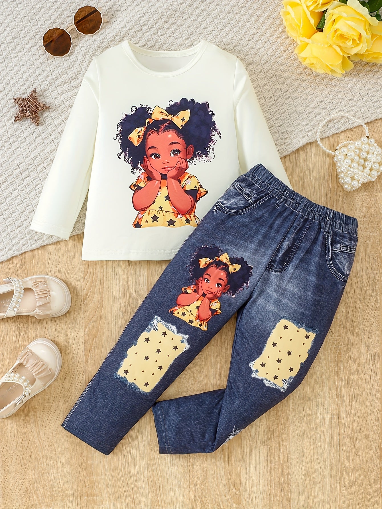 2pcs Girls' Cute Doll Print & Faux Denim Overalls Set - White Smock Dress + Blue Jeans-Like Leggings with Doll Face Print (Eyes/Nose/Mouth), Machine Washable Spring/Fall Outfit for Party, Everyday Play & Dress-Up , Perfect fo