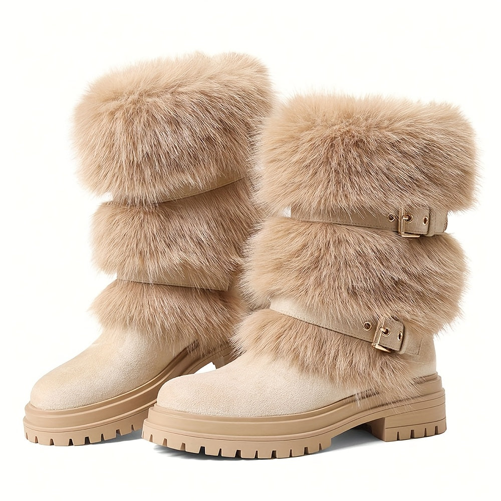 faux fur Mid-Calf Snow Boots for Women | Round Toe Platform Heel, Non-slip Pull On, Warm Shoes with Buckle Decor, Fluffy Furry, Comfortable Fashion Luxury Outfit, Outdoor Winter Booties Woman
