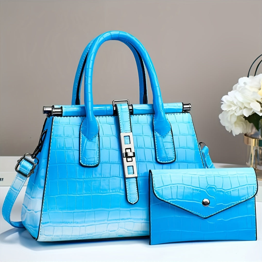 The New Women'S Bag 2025 Fashion Bright Faux Leather Crocodile Print Senior Large Capacity Single Shoulder Crossbody Handbag Two-piece Set