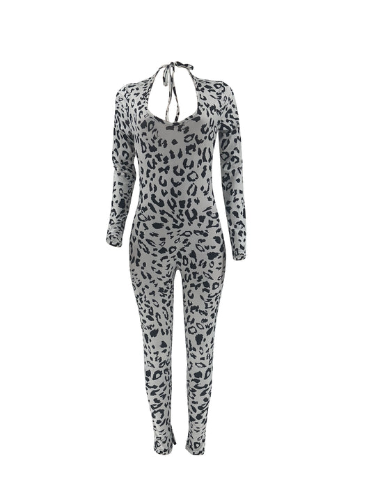 Allover Print Crew Neck Jumpsuit, Casual Long Sleeve Backless Skinny Jumpsuit, Women's Clothing