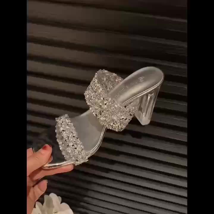 [Glittery Heels] Glittery Rhinestone Block Heel Shoes for Women | 7cm High Heel, Durable Rubber Sole, Comfortable & Stylish for Summer, Sequin Embellished Dress Shoes