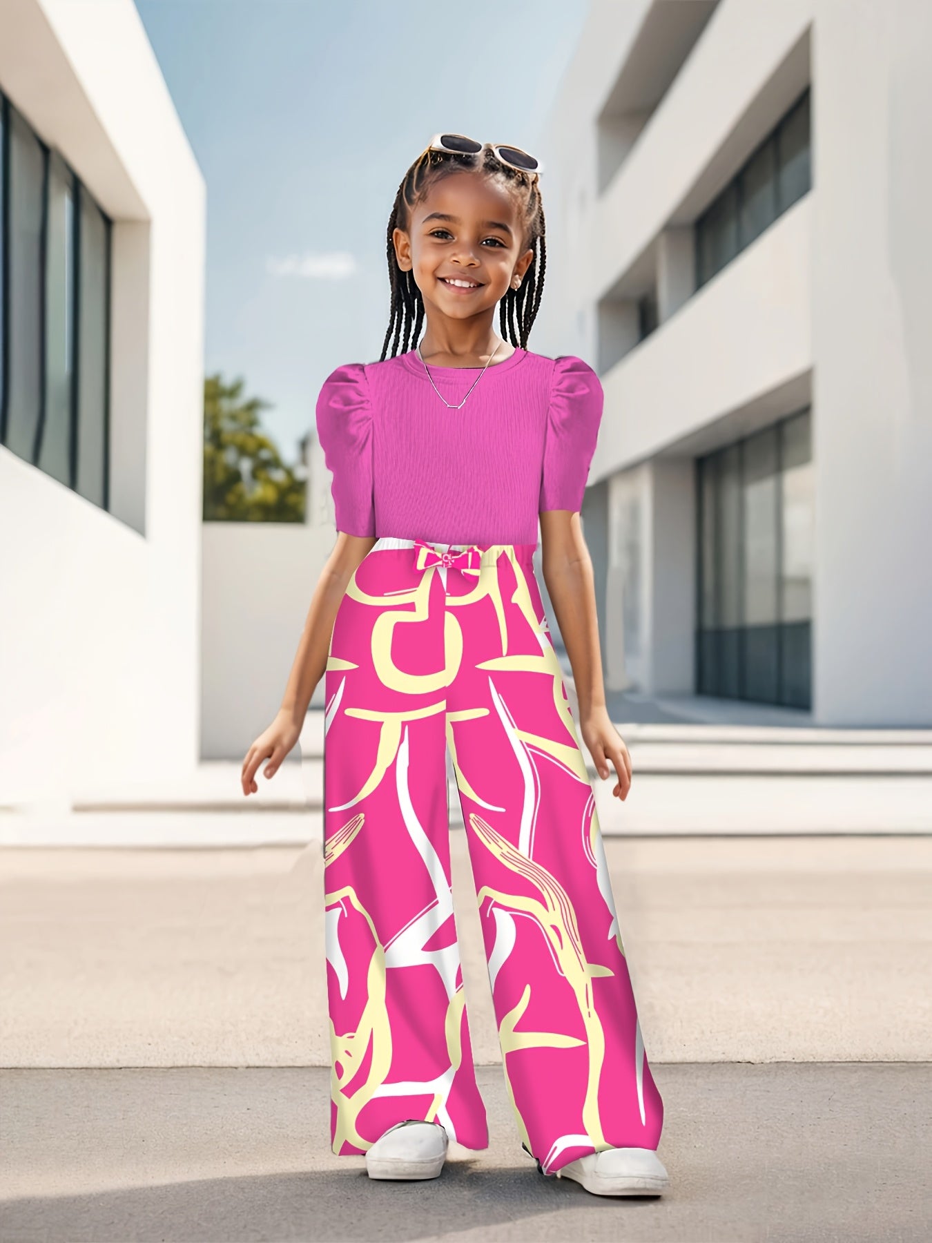 Bubble Sleeve Fashion Simple Top & Stylish Floral Print Wide Leg Pants, Girls' Long Trousers Set, Children's Casual Fashion Wide Leg Outfit Suitable for Ages 3 and Up, Perfect for Outdoor