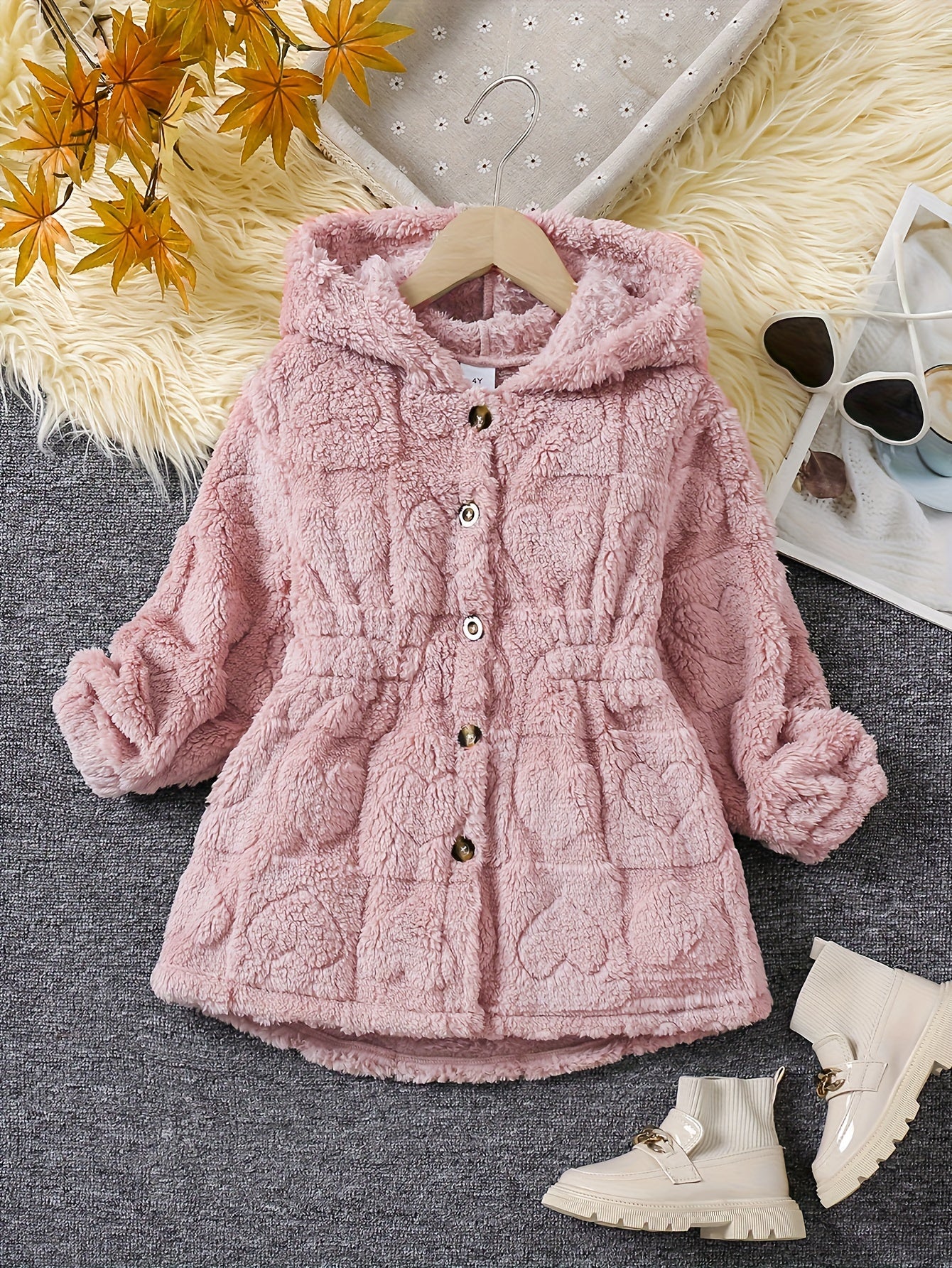 Chic Girls' Hooded Heart Pattern Fleece Cardigan - Cozy & Cute Outerwear for Fall/Winter, Machine Washable