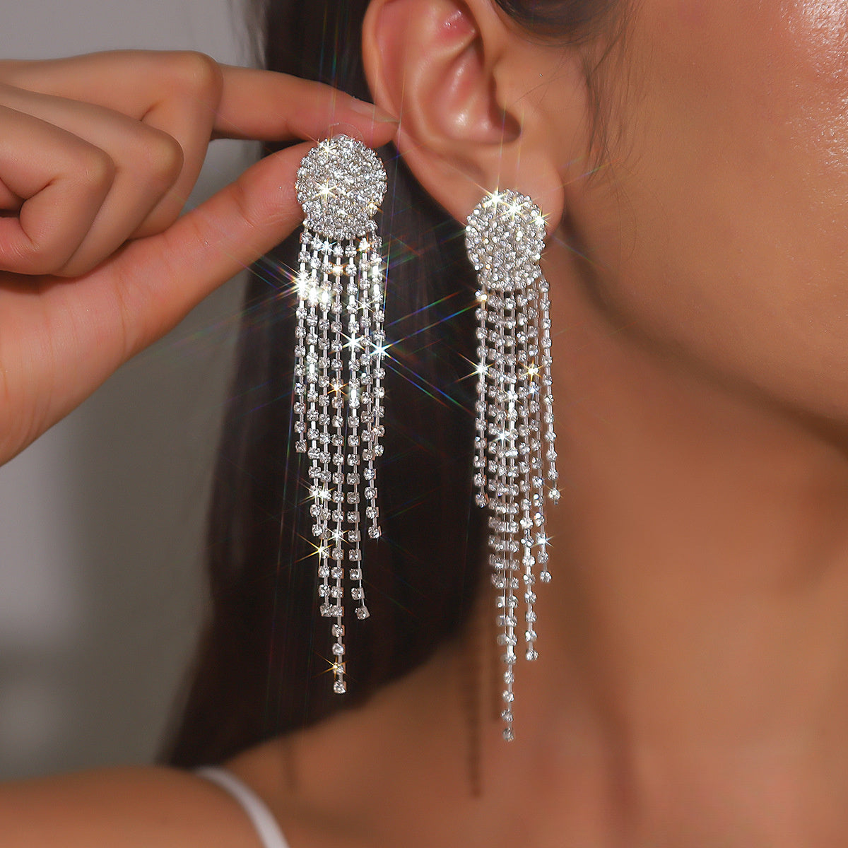 Exaggerated Long Rhinestone Tassel Earrings Dress All-Matching Graceful Eardrop Earring Women Bling Bling Crystal Rhinestone Drop Earrings