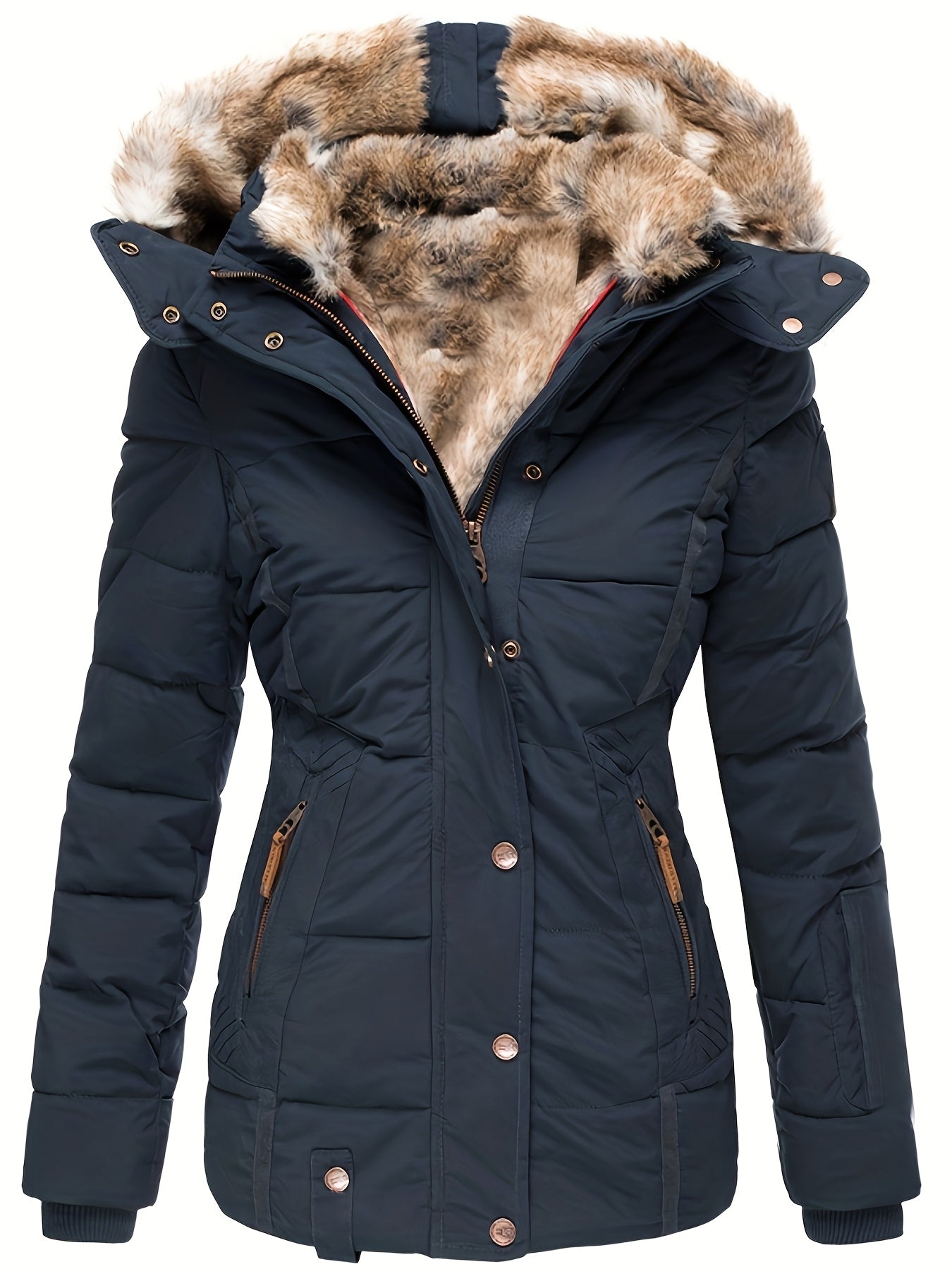 Plus Size - Women'S Winter Warm Hooded Coat with Luxurious Fur Collar & Full-Zip Closure - Slim-Fit Long Sleeve Jacket, Plus Size Cold-Weather Outerwear, /Navy, Casual to Formal Outfits, Non-Stretch Fabric, Easy On/Off Zipper