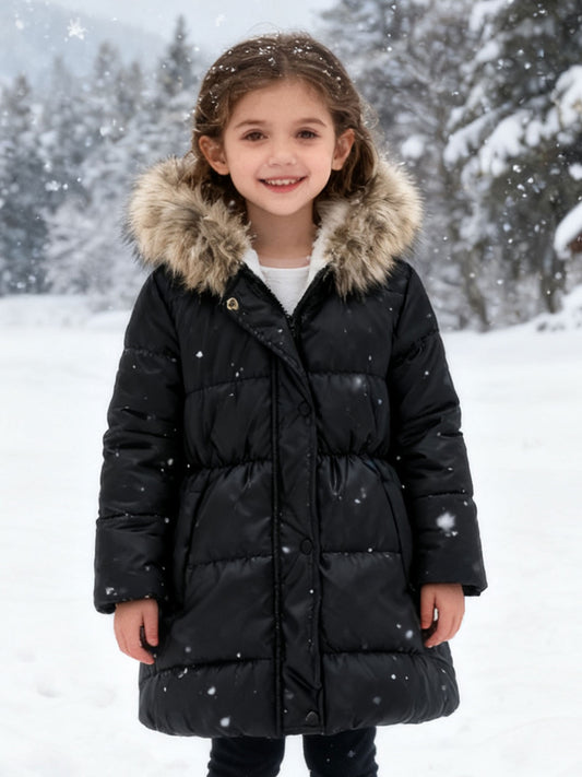 Girls' Multicolor Thickened Hooded Jacket | Mid-Length, Autumn & Winter Warm Windproof Outerwear, Suitable for Outdoor Camping and Daily Casual Style, with Pockets and Lining.