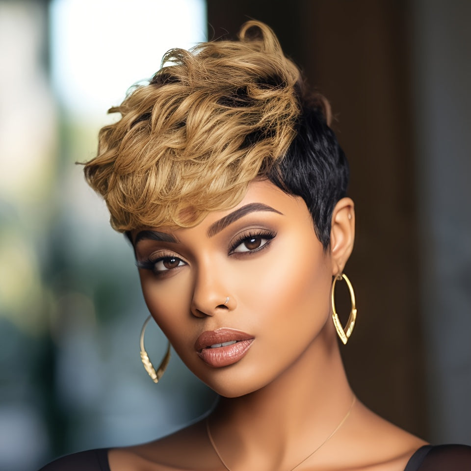 Women'S Remy Peruvian Human Hair Wig with Bangs - Layered Short Straight Pixie Cut, Natural Brown Balayage Highlights (1B/30#), Density Full Head