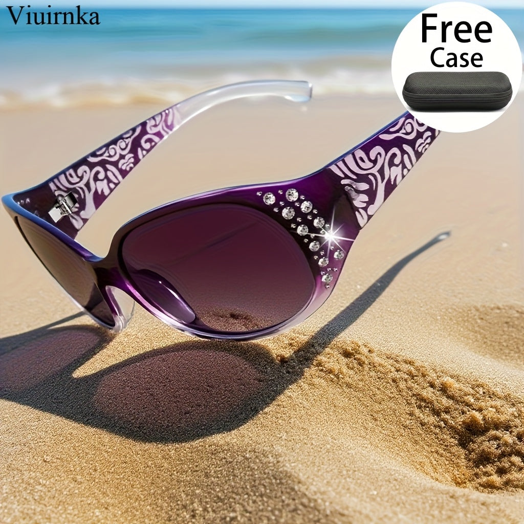 Trendy Glasses for Women - Fashionable Rhinestone-Embellished Cat-Eye Glasses with Purple Floral Design, Lightweight & Durable Frames for Beach, Driving, Outdoor Activities, Street Style, Photoshoot, Luxury Vacation Essential