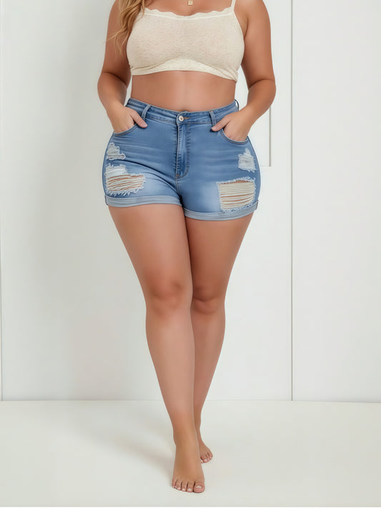 Women'S Large Size High Waist High Stretch Tight Denim Shorts | Multi-hole, Blue Classic, Plus Size 0XL-4XL, Button Fly Closure, Sexy Style, Spring/Summer Season, Ripped Details, WBLTRVE Brand