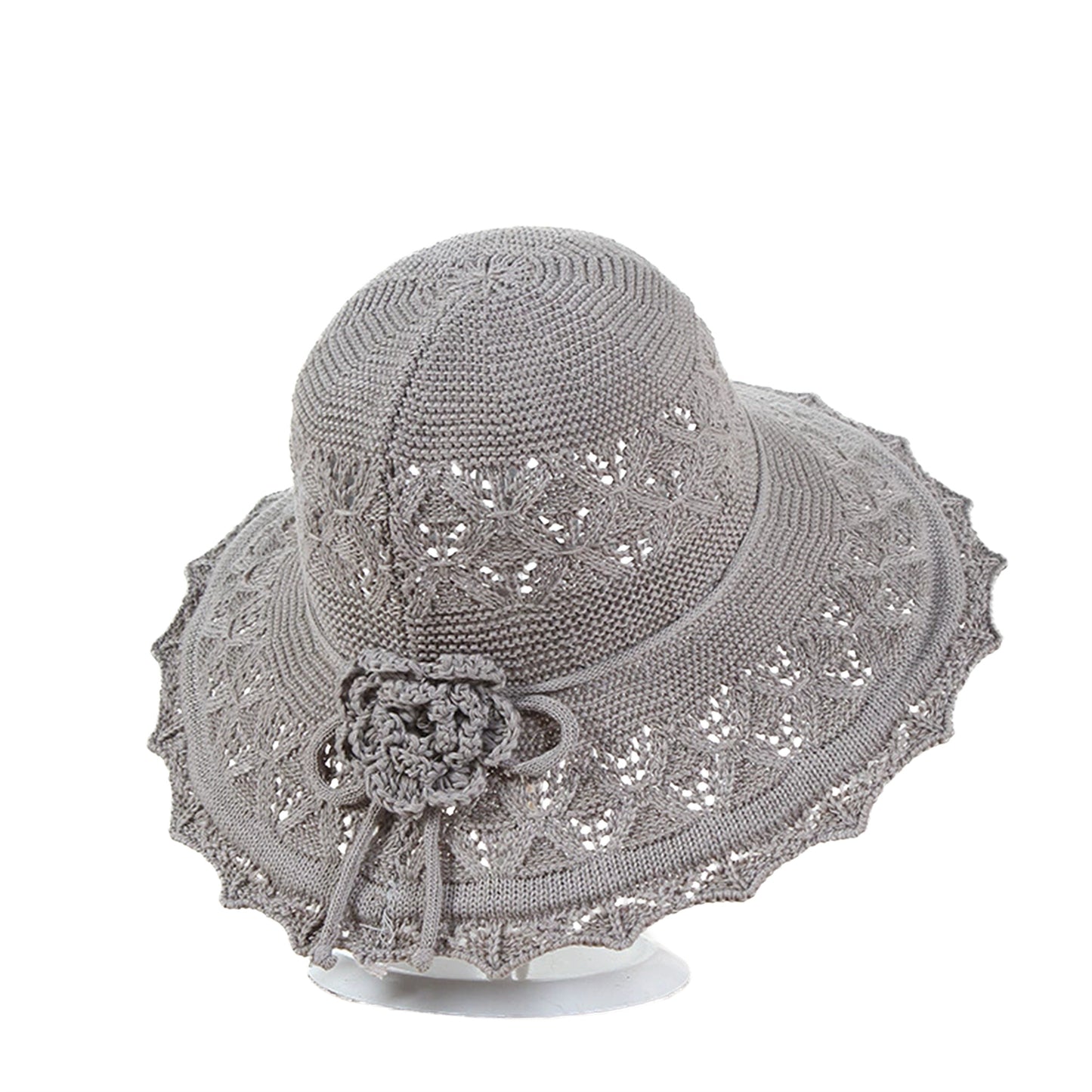 MONYPLAY Women's Summer Crochet Straw-Style Acrylic Sun Hat - Wide Brim Lightweight Floppy Beach Hat with Floral Embellishments, Machine Washable for Outdoor, Garden & Picnic