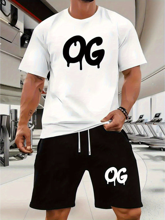 OG - Fashionable Letter Printed Men'S Set - Short Sleeve T-shirt and Drawstring Shorts, Comfortable Retro Style Street Trendy Enthusiasts Must Have
