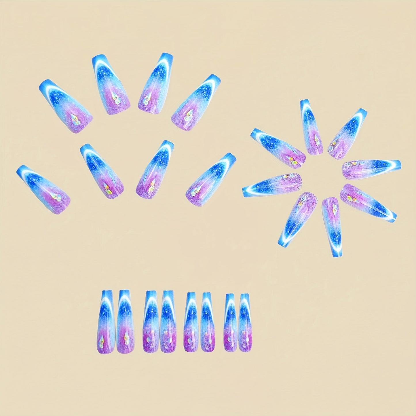 Medium-Long Ballet-Shaped Blue Striped Ombre Fake Nails - Glossy Detachable Press-On Nails with Neon Tips for Parties, Events & Special Occasions, Nails Accessories, Event Manicure, Durable Pressons, Fashion Lovers