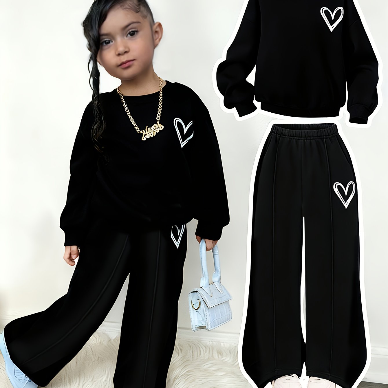 Girl'S Autumn and Winter Love Print Fleece Hoodie + Print Pants Two-Piece Set | Suitable for Outdoor Wear, Comfortable Fabric with Fleece Insulation, Casual Style, Regular Fit, Ideal Gift for Children.