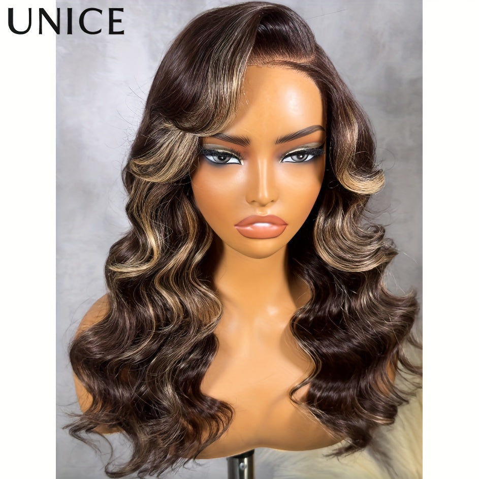 Unice Bye-Bye Knots 7x5 Lace Human Hair Wig - Glueless Hair System with Chocolate Brown & Blonde Highlights, 150% Density Loose Wave Frontal, Pre-Plucked Hairline/Cut Lace, Adjustable Fit for Men & ( for all Sizes)