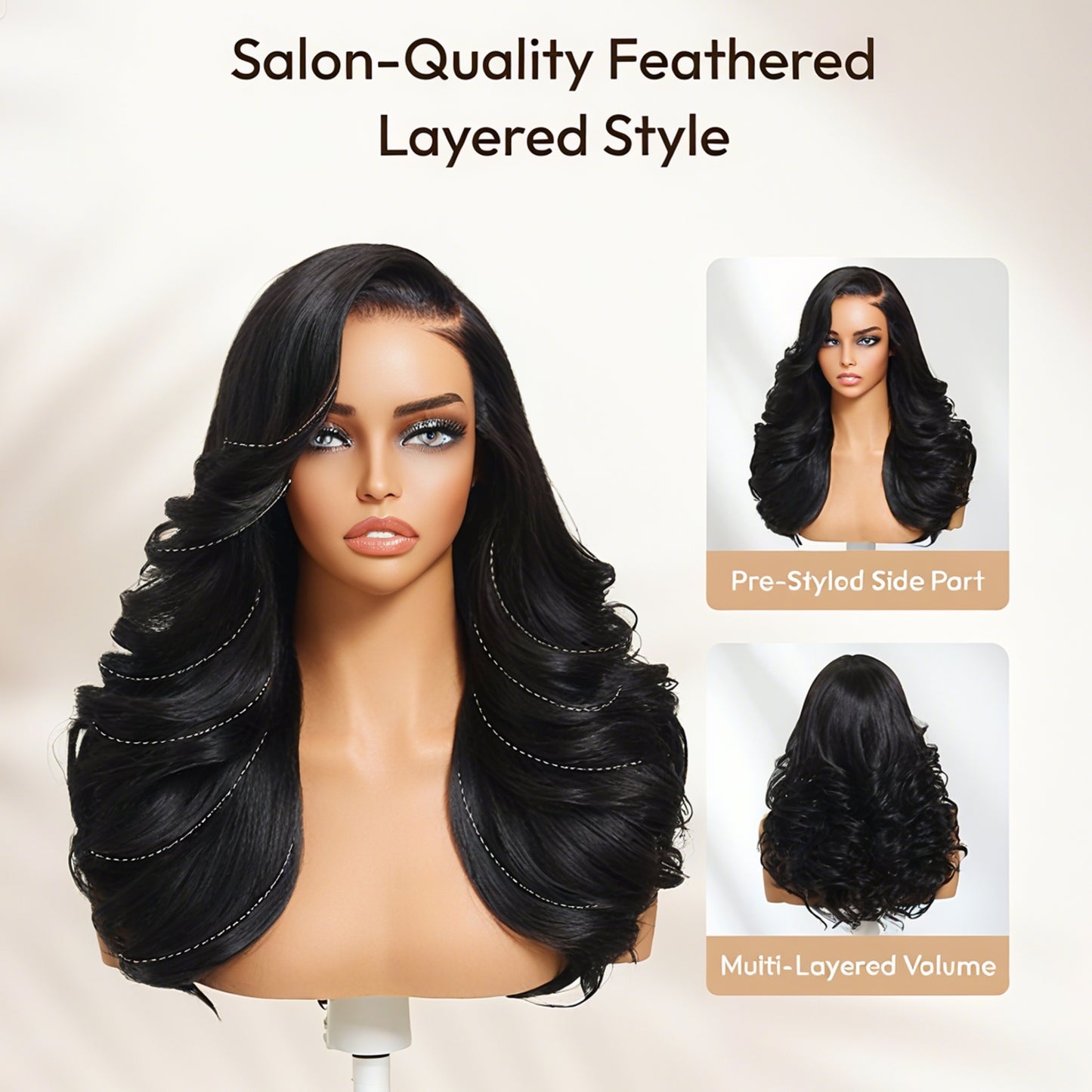 Nadula 7x5 Lace No Slip Wig Feathered Layer Side Part 200% Density Human Hair Glueless Wig with Invisible Drawstring Put On And Go Pre-Cut Lace Pre-bleached Knots Pre-Plucked Hairline