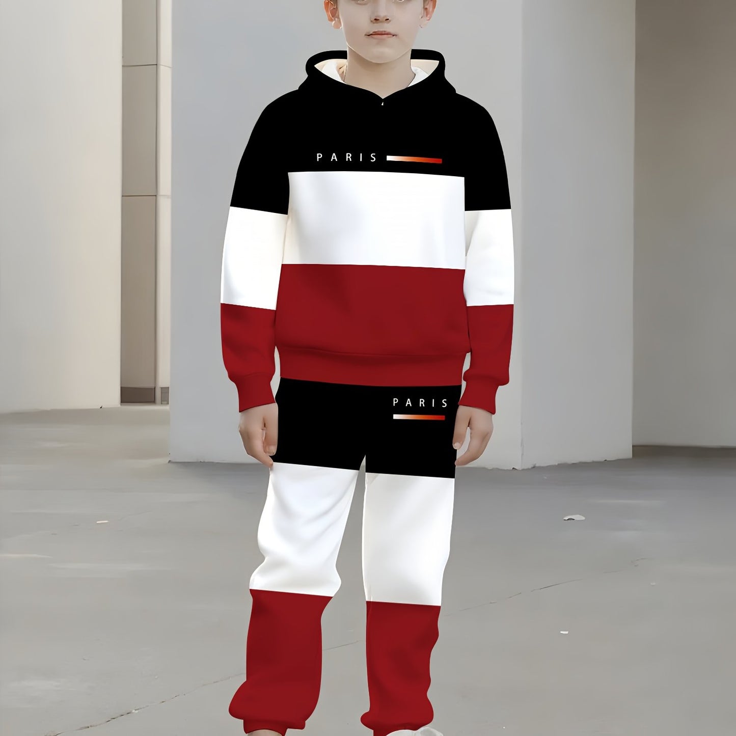 Boys' 3D black, white, and red striped print regular tracksuit suit for the spring and fall back-to-school season - hoodie and casual pants suit for children 13 and under, outdoor activities, sweatshirts and sweatpants, Perfe