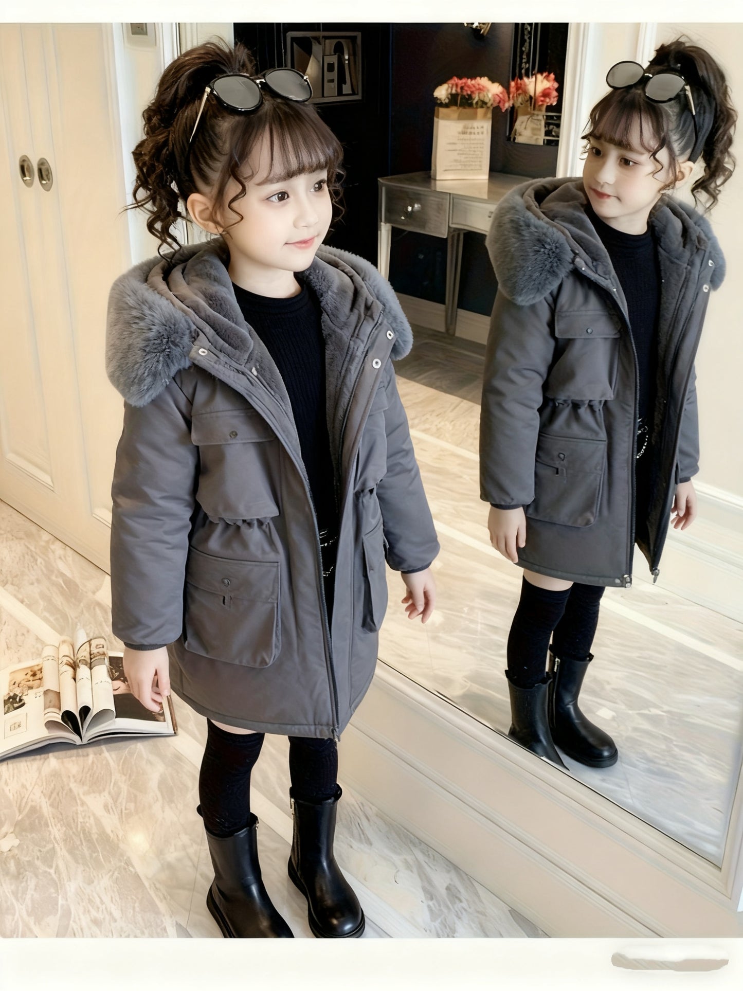 Girls' Winter Parka | 2025 New Fashion Thickened Plush Hooded Midi Coat with Zipper, Suitable for Ages 3-12