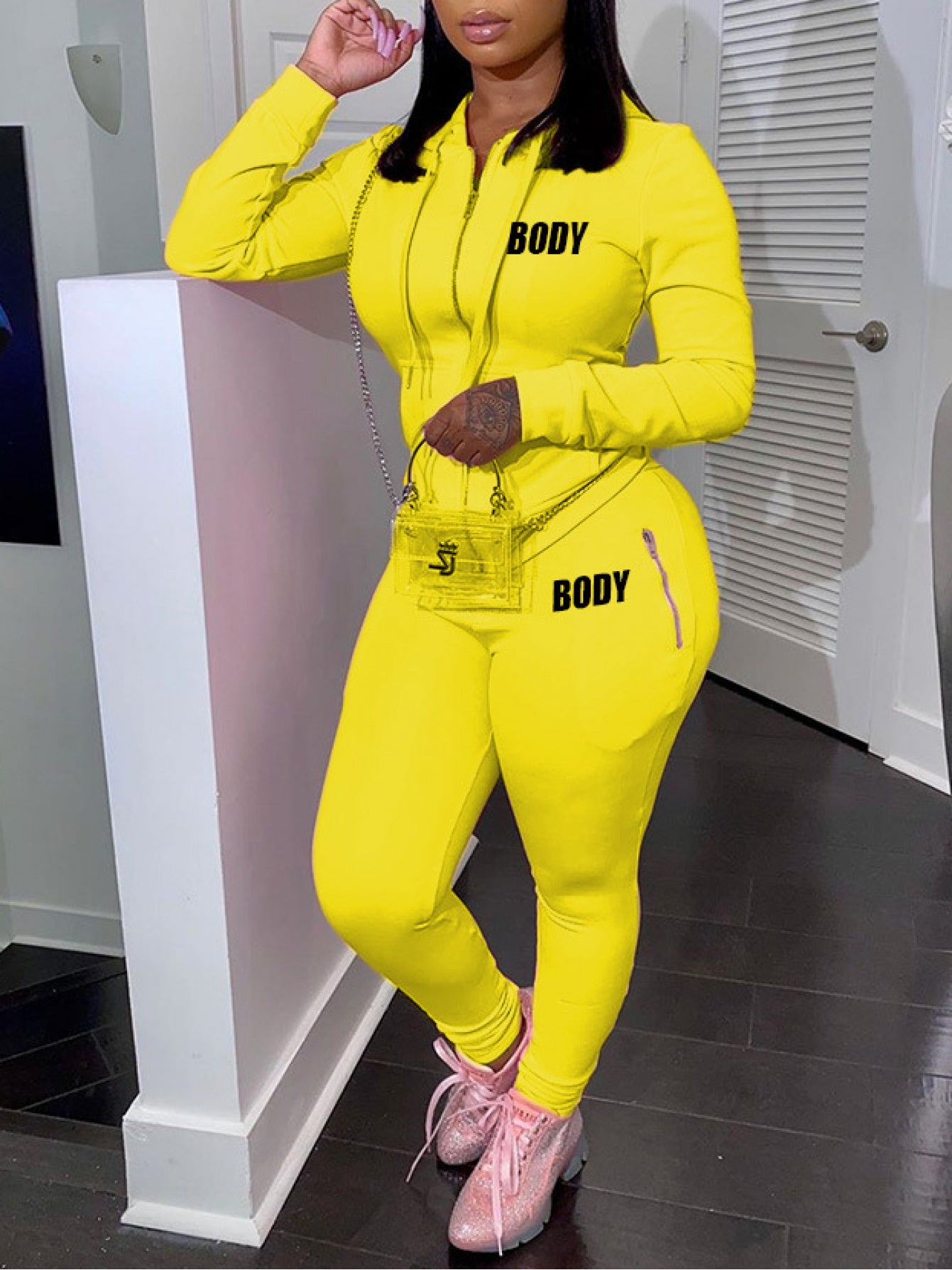 2pcs Women's Shapewear Set with Letter Print & Full Chest Padding - High Neck Zipper Front/Back Matching Outfit,  Initials/Look, Sporty Casual Bodysuit, Machine Washable 2pcs suit for Gym, Dance, Casual Attire