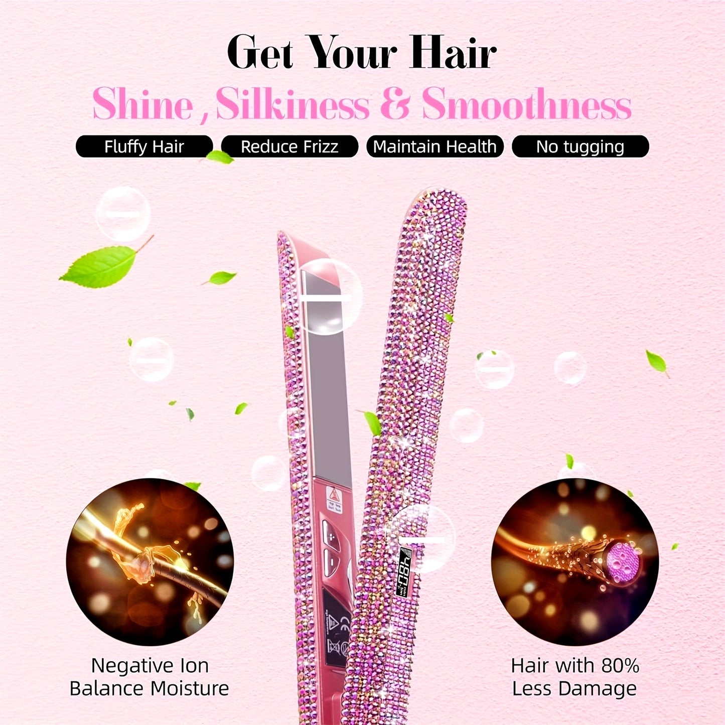 DORISILK 480°F High Temp Hair Straightener and Curler, Titanium Flat Iron Rhinestone Straightening Iron, 2 in 1 Straightening Curling 1" Salon Professional Dual Voltage Crystal Bling Rose Pink