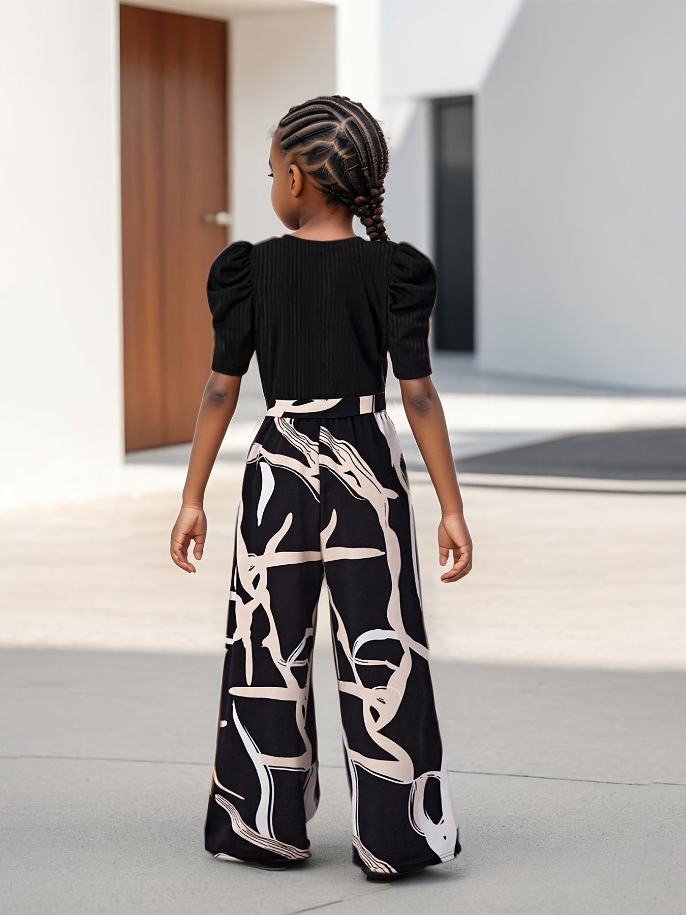 Bubble Sleeve Fashion Simple Top & Stylish Floral Print Wide Leg Pants, Girls' Long Trousers Set, Children's Casual Fashion Wide Leg Outfit Suitable for Ages 3 and Up, Perfect for Outdoor