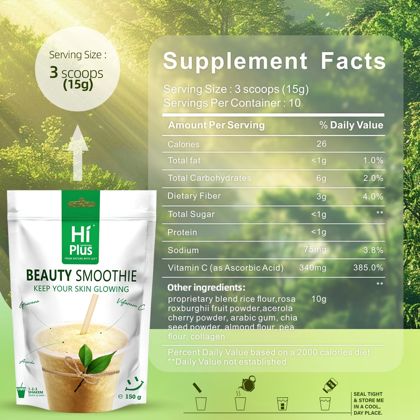 [HiPlus Energy Smoothie] HiPlus Energy Energy Smoothie Powder 5.29 Oz | Multivitamin Mineral With Vitamins A, C, D, E, B12, Zinc, And More | Fresh West Indian Cherries For Baking, Inca Fruit Peas, Collagen For Radiance And Su