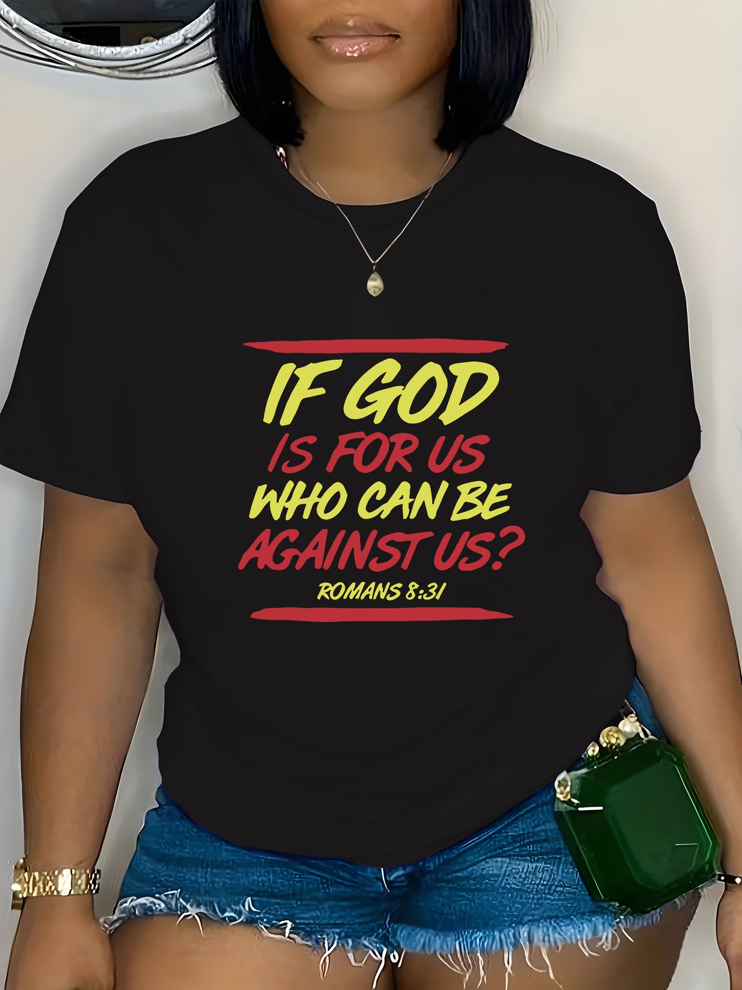 Plus Size Women's Inspirational Geometric Print T-Shirt - "If God is for Us, Who Can Be Against Us?" Romans 5:31 Quote, Casual Crew Neck Short Sleeve Top, Perfect for Spring & Summer, Machine Washable