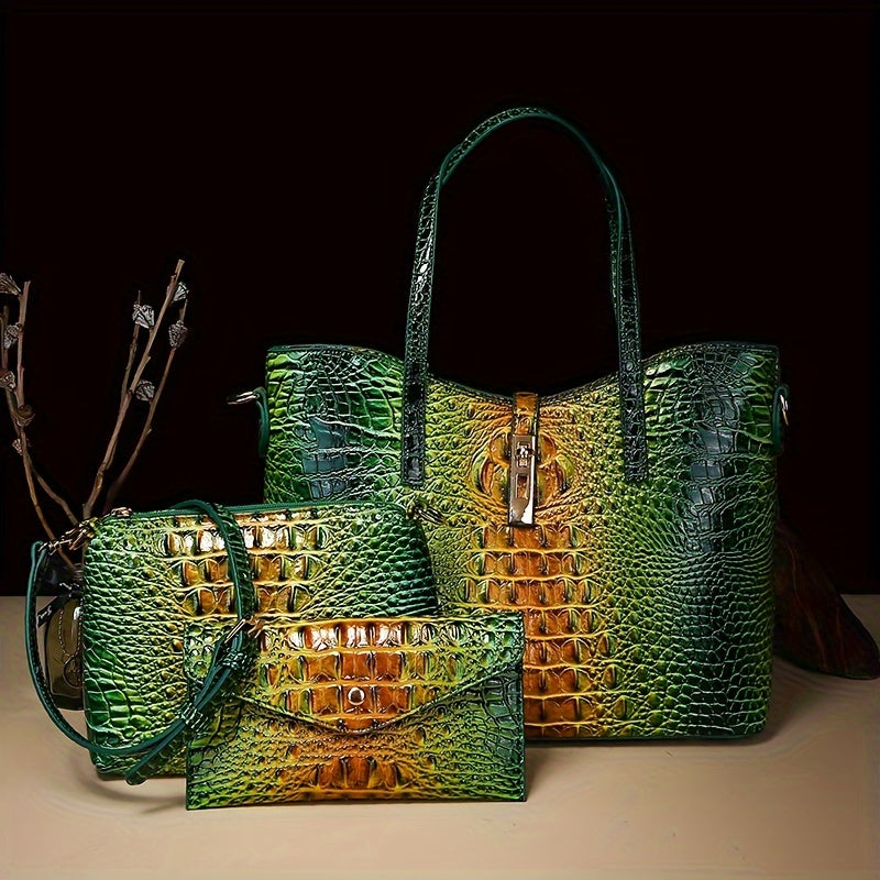 3pcs Set: Colorful Crocodile Pattern Large Capacity Faux Leather Tote & Crossbody Bags With Matching Wallet Combo, Christmas, Mother'S Day Gifts, Halloween Gifts