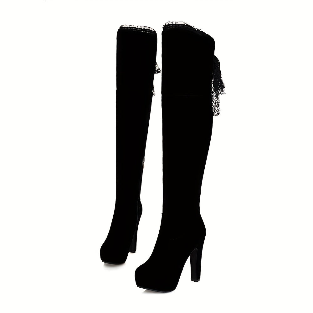 [Royal Blue Boots] Chunky Heel Women's Royal Blue Over-the-Knee Boots - Stretch Fabric, Round Toe, Rubber Sole, Side Zipper & Lace-Up Design - Fits 23-26.5cm Calf Length