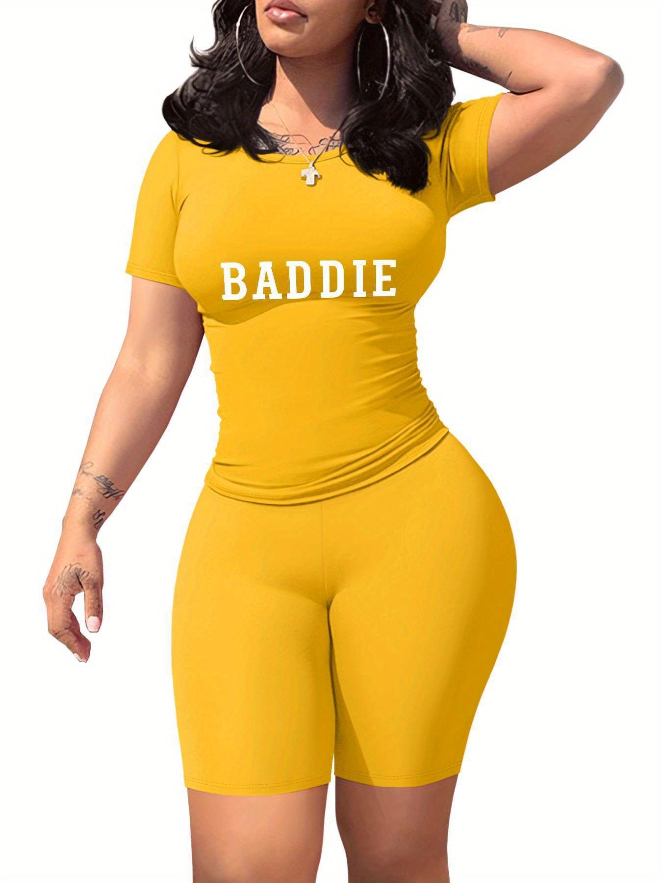 Baddie Women'S SlimFit TShirt and Shorts Set, Premium Baddie Lettering Print, Durable Baddie Graphic Design, Casual Baddie Style Fashion with Soft Fabric, Comfortable and LongLasting Baddie Trend., Allseason Apparel, Trendy O