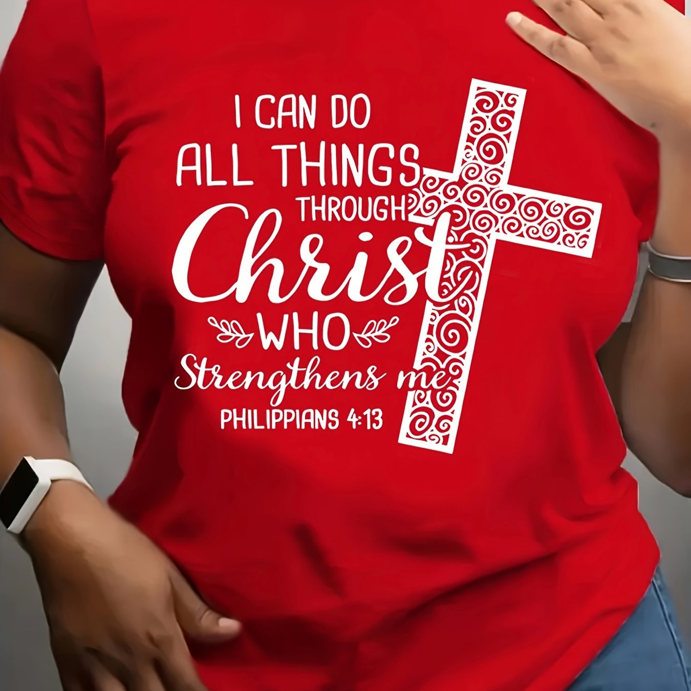 Women's Plus Size Red Inspirational Christian T-Shirt - Philippians 4:13 Cross Design, Geometric Print Crew Neck Short Sleeve, 180gsm Breathable Fabric for Spring Summer Fall Casual Wear, Easycare Clothing, Religious Motif Ap