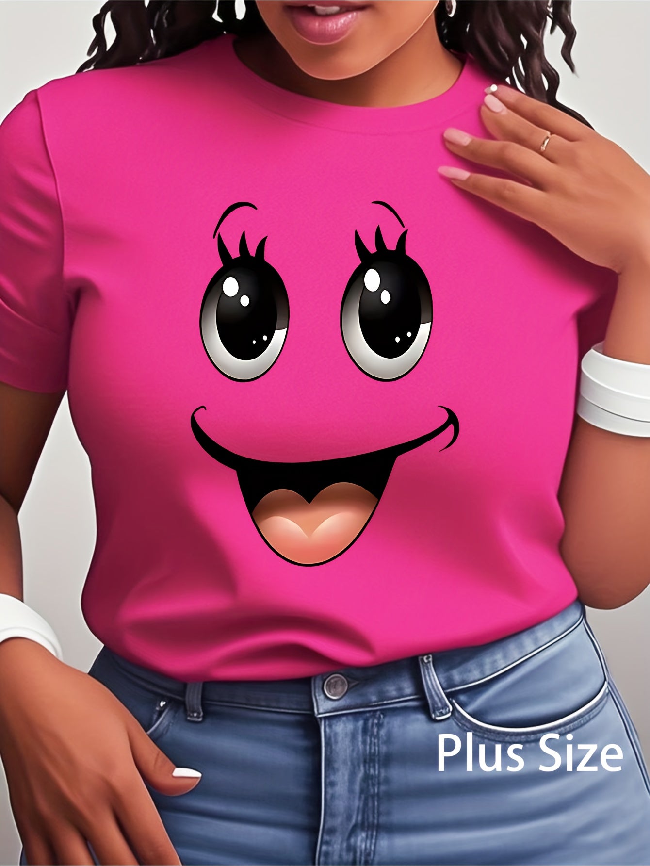 Plus Size Women'S T-shirts Big Eyes joyful Face Print Short Sleeve Crew Neck Casual Top For Spring & Summer Women'S Clothing Black/Pink/Orange T-Shirt Lady Summer Party Daily Wear Tee