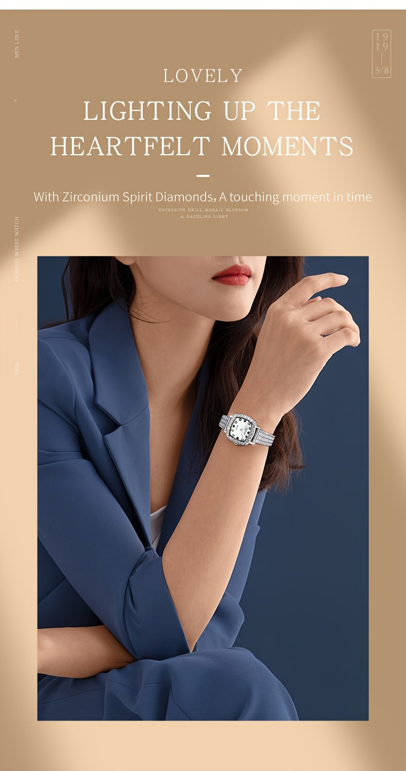 ROCOS Heartwarming Signal Series Fashion Luxury Women'S Watches Square Simple Wristwatch Elegant Rhinestones Watches For Women Quartz Watches Love Heart Hands Dazzling Colour Dial Silvery Steel Strap Gifts For Women R0264
