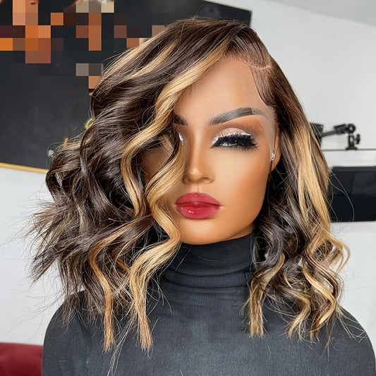 Ombre Honey Blonde 13x4 HD Glueless Lace Front Wig - 12 Inch Short Body Wave Human Hair Wig for, Pre-Plucked with Baby Hair & Bleached Knots, 250% Density, 4/27 Mixed Color, Fashion Accessory