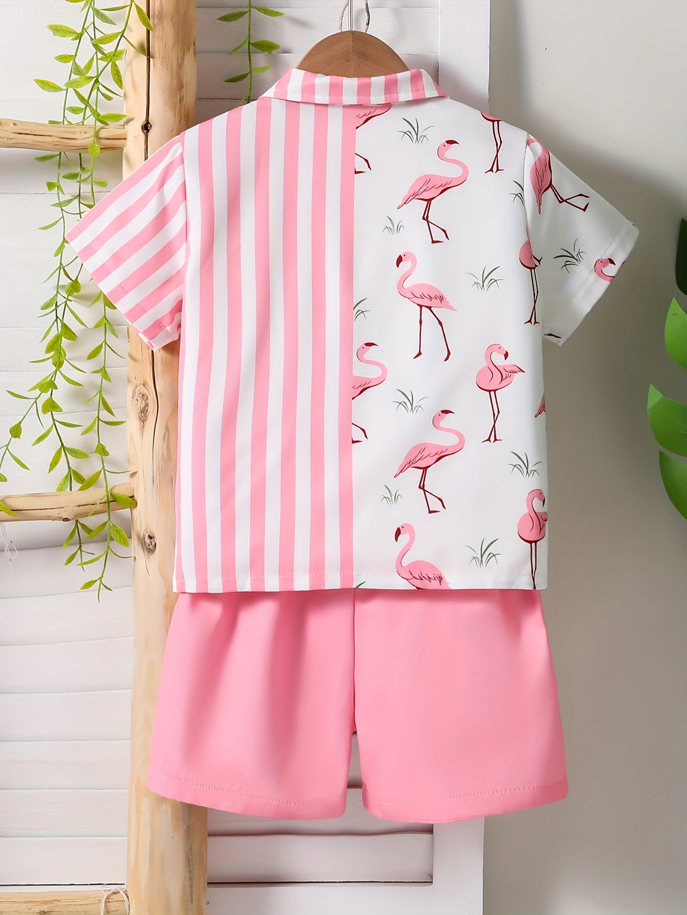1 set (2pcs) - Youngsters'S Flamingo Print Short Sleeve Shirt and Shorts Set - Cute Fashionable Summer Outfit Suitable for Casual Attire and Beach Vacation (Excluding White T-Shirt), Perfect for Outdoor