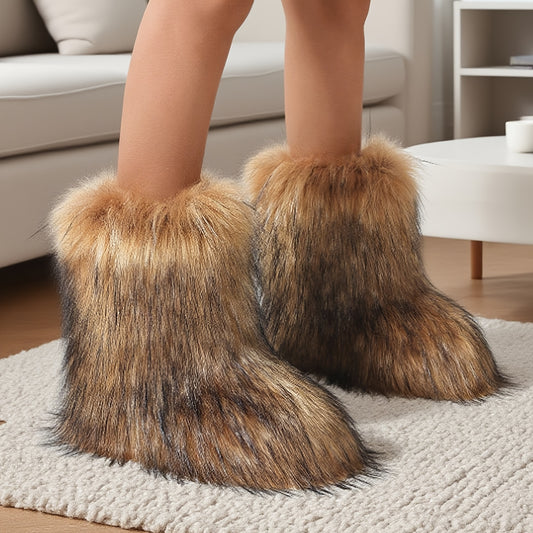 [Ultra-Cozy Paw Boots] Ultra-Cozy Women's Slip-On Animal Paw Boots | Non-Slip Rubber Sole, Brown & Black Faux Fur-like Plush Boots for Cold Weather Indoor/Outdoor - Cute Faux Fur Paw Slipper Boots Gift for Women, Furry Boots,