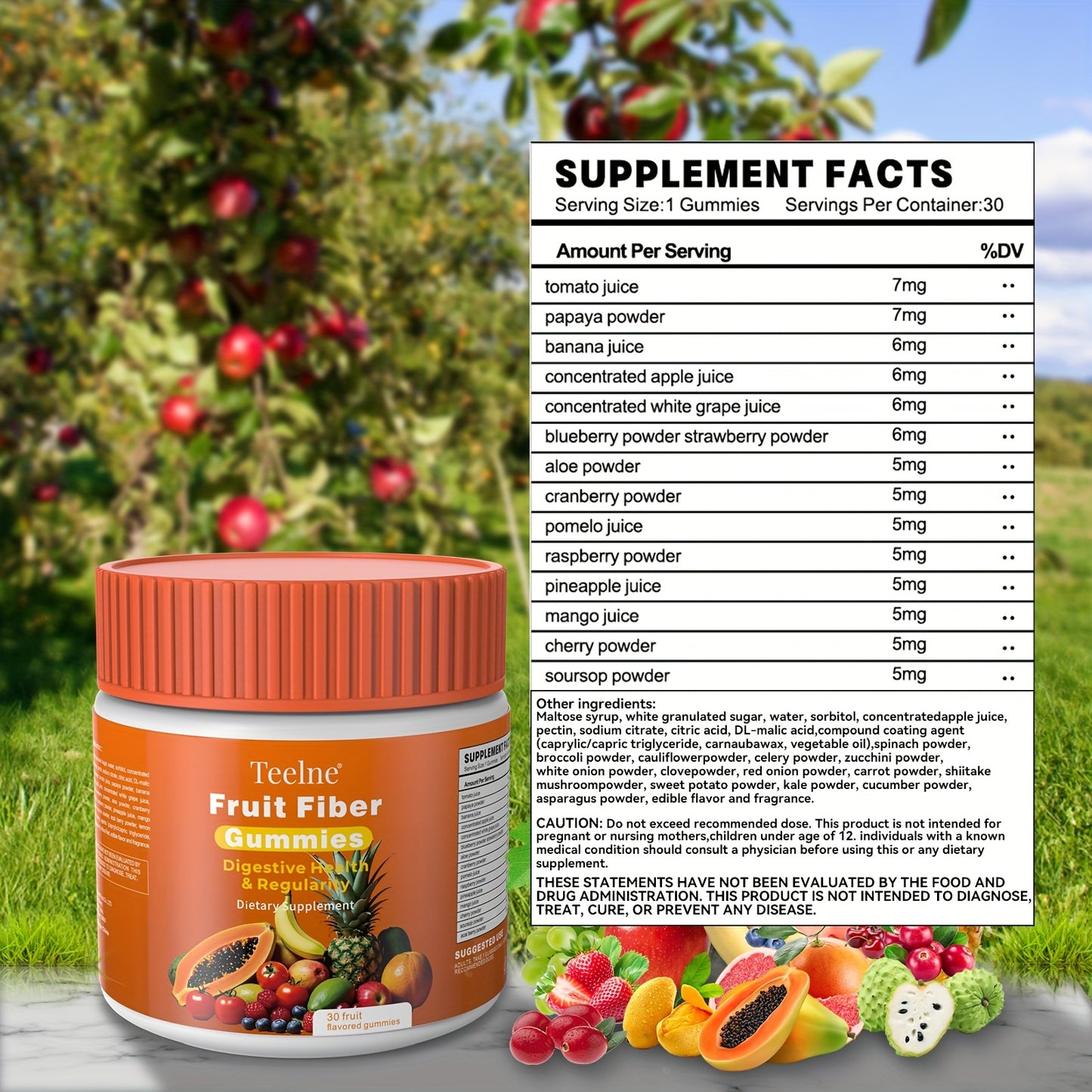 Teelne Fruit Fiber Gummies for Digestive Health & Detox - 30ct, 3g Each, Prebiotic Fiber with Apple & Citrus Bioflavonoids, Allergen-Friendly, Supports Regularity & Immune Function, Gut Health Support | Gummy Supplement | All