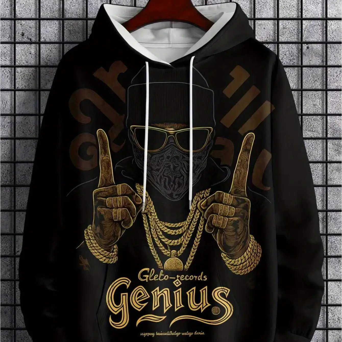 Men'S Oversized 3D Full Print Hooded Sweatshirt with Golden Chain & Dollar Bill Design - Luxury Streetwear Pullover, Machine Washable Black & Golden Hip-Hop Style, Plus Size, Casual Outfits