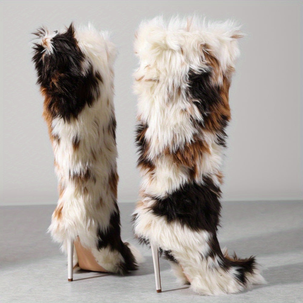 Women'S Faux Fur Knee-High Boots with Kitten Heel - Furry Fluffy Pointed Toe Winter Comfy Plush Warm Boots