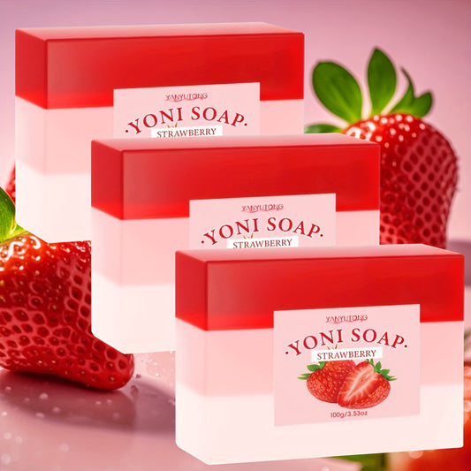 3-Pack Of 100g Strawberry Handmade Soap, Intimate Cleansing Bar For Face, Body, And Private Areas, Long-Lasting Fragrance With Strawberry Essential Oil, Extracts Gentle And Soft Lather, Moisturizing And Non-Irritating, Suitab