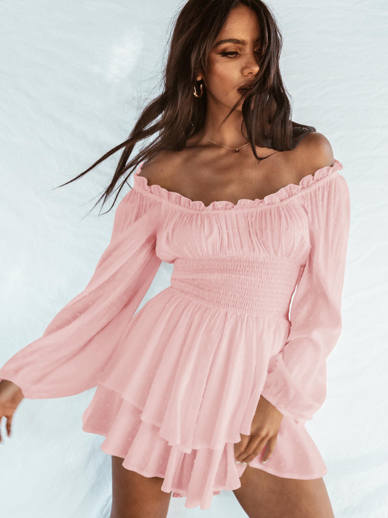 Vintage Y2K Women's Romper - Off-Shoulder, Ruffle, Long Sleeve, Light Pink Polyester, Pleated Waist, Spring/Summer Retro Style