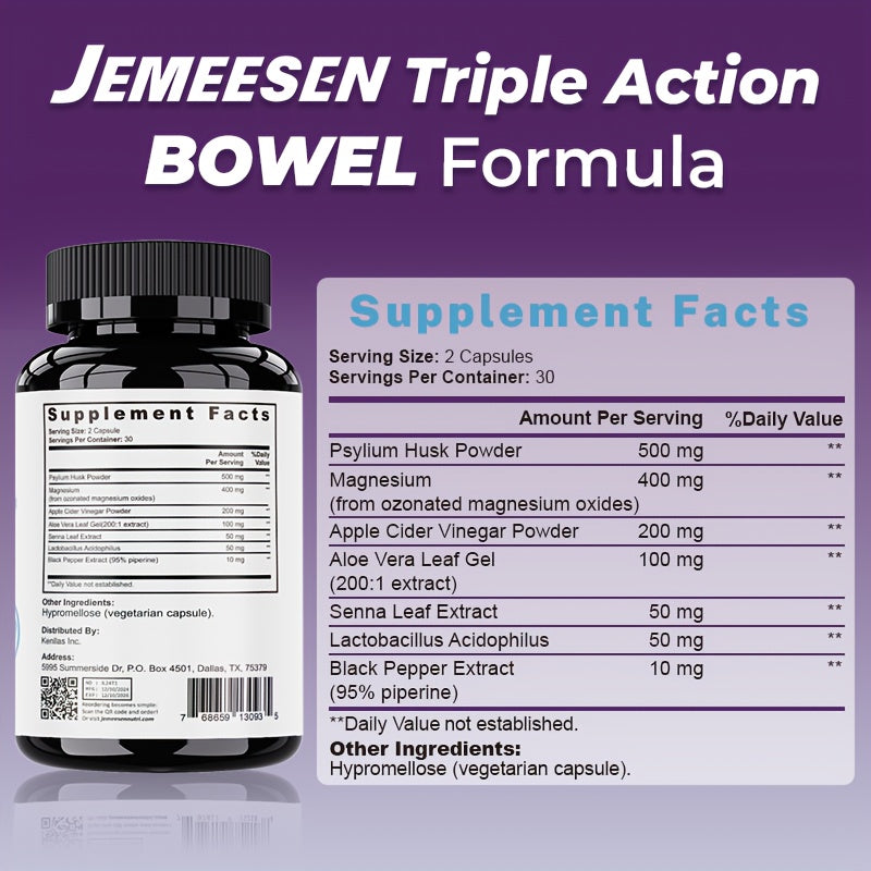 JEMEESEN Gut Cleansing Supplement, Lymphatic Health And Fluid Balance, Advanced Herbal Ingredients - Psyllium Husk Powder, Magnesium, Apple Cider Vinegar Powder, Aloe Vera Leaf Gel And More, 60 Capsules - 30 Day Supply