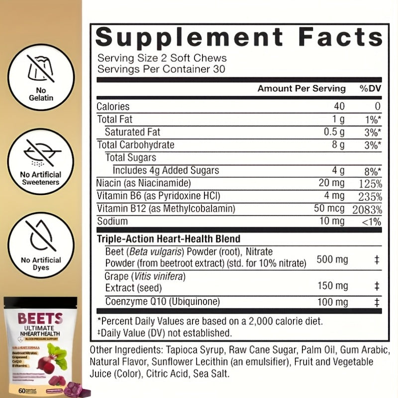 1/2pcs 4-in-1 Super Beetroot Gummies with CoQ10, Beetroot & Grapeseed - Blood Pressure & Heart Health Support, 60 Chewable Vitamins for Circulation, Blood Flow & Endothelial Function, Natural Fruit Flavor, One Month Supply (M