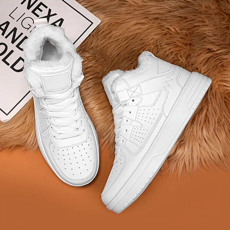 WANWEISI Men's Winter High-Top Thick-Sole Sneakers with Plush Fleece Lining - Heavy-Duty & MD Sole, Lace-Up Winter Boots for Hiking, Outdoor, Casual & Casual Attire - Warm Thermal Insulation, Cushioned Comfort, White/Black/Re